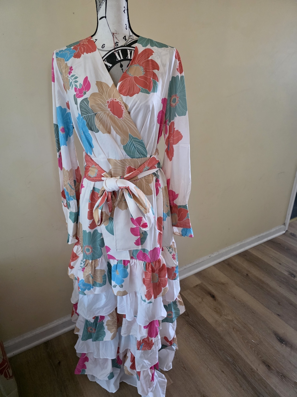 Moda Floral Wrap Maxi Dress in White, Coral, Teal & Fuchsia